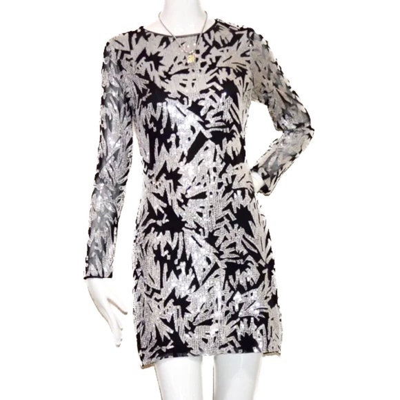 🆕🏷️  Aqua Black & Silver Sequin Long Sleeve Mini Dress – Bloomingdale’s - Picture 6 of 16